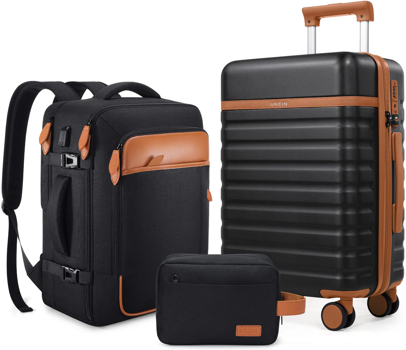 UKEIN 20-inch hardside suitcase with travel backpack and toiletry bag