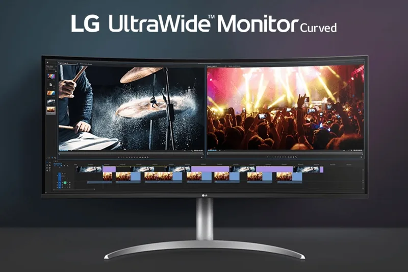 LG 40WP95C-W curved 5K2K monitor displaying a creative editing timeline