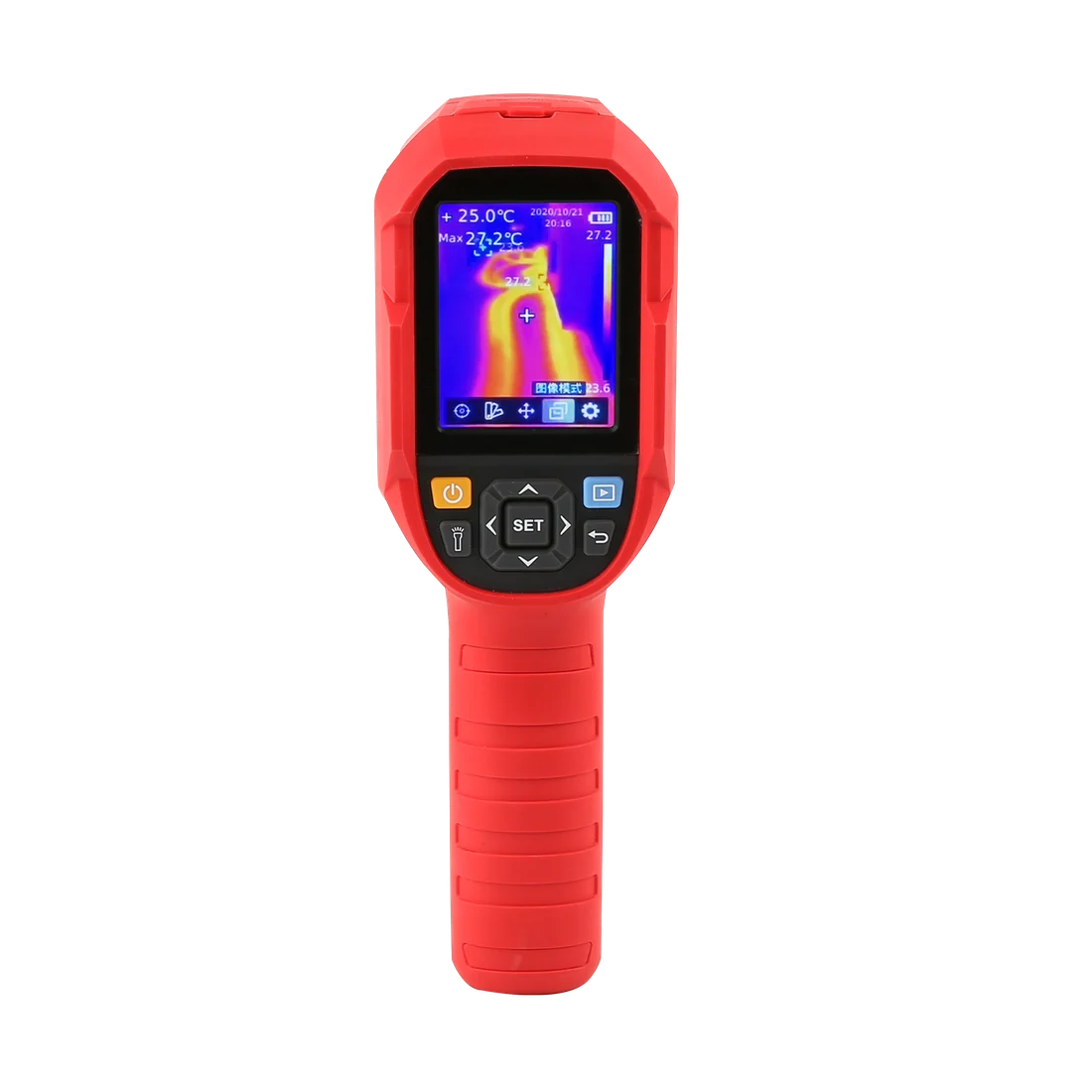 Red UNI-T UTi260B handheld thermal camera with physical navigation controls