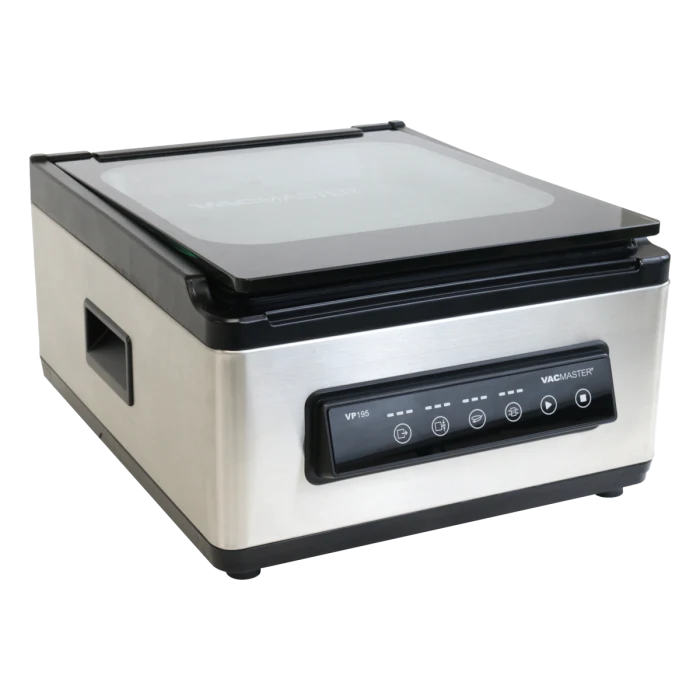 VacMaster VP195 stainless chamber sealer with clear lid and front control panel