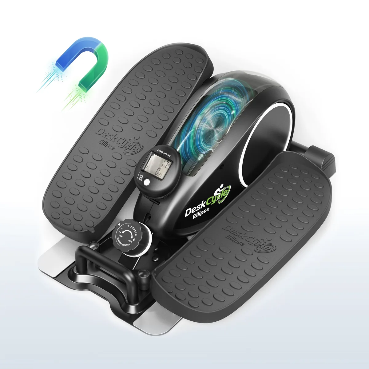 Black DeskCycle Ellipse with wide pedals, resistance dial and removable LCD display