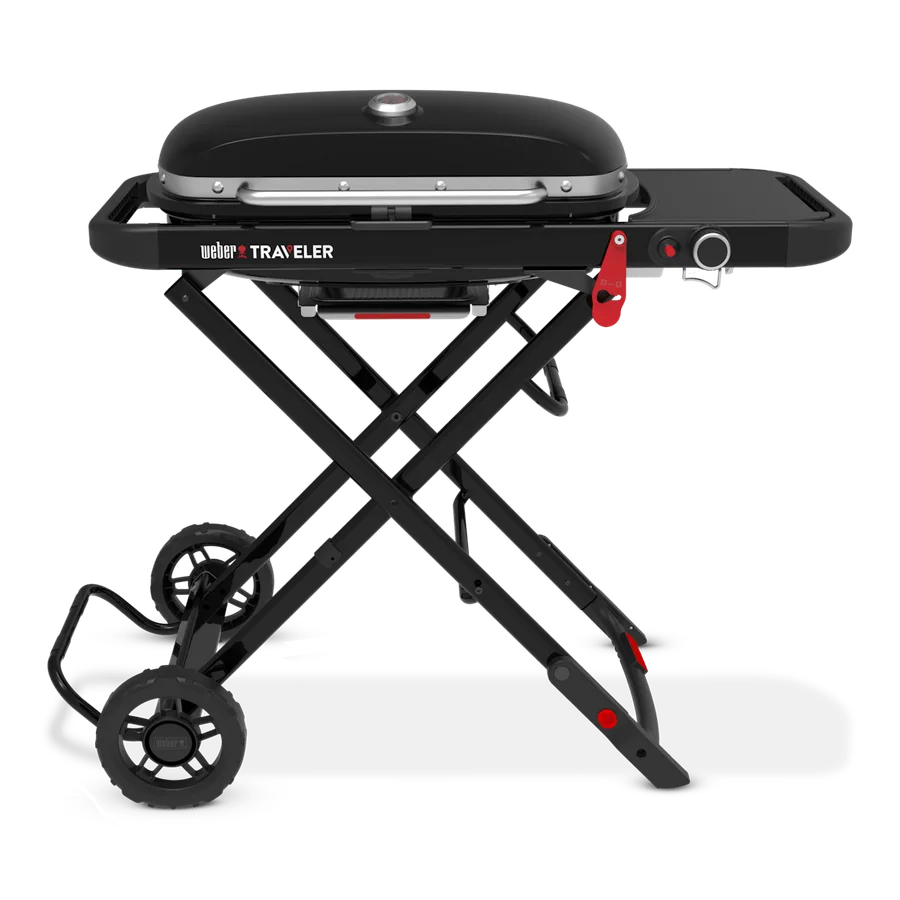 Weber Traveler black portable propane grill raised on its integrated cart