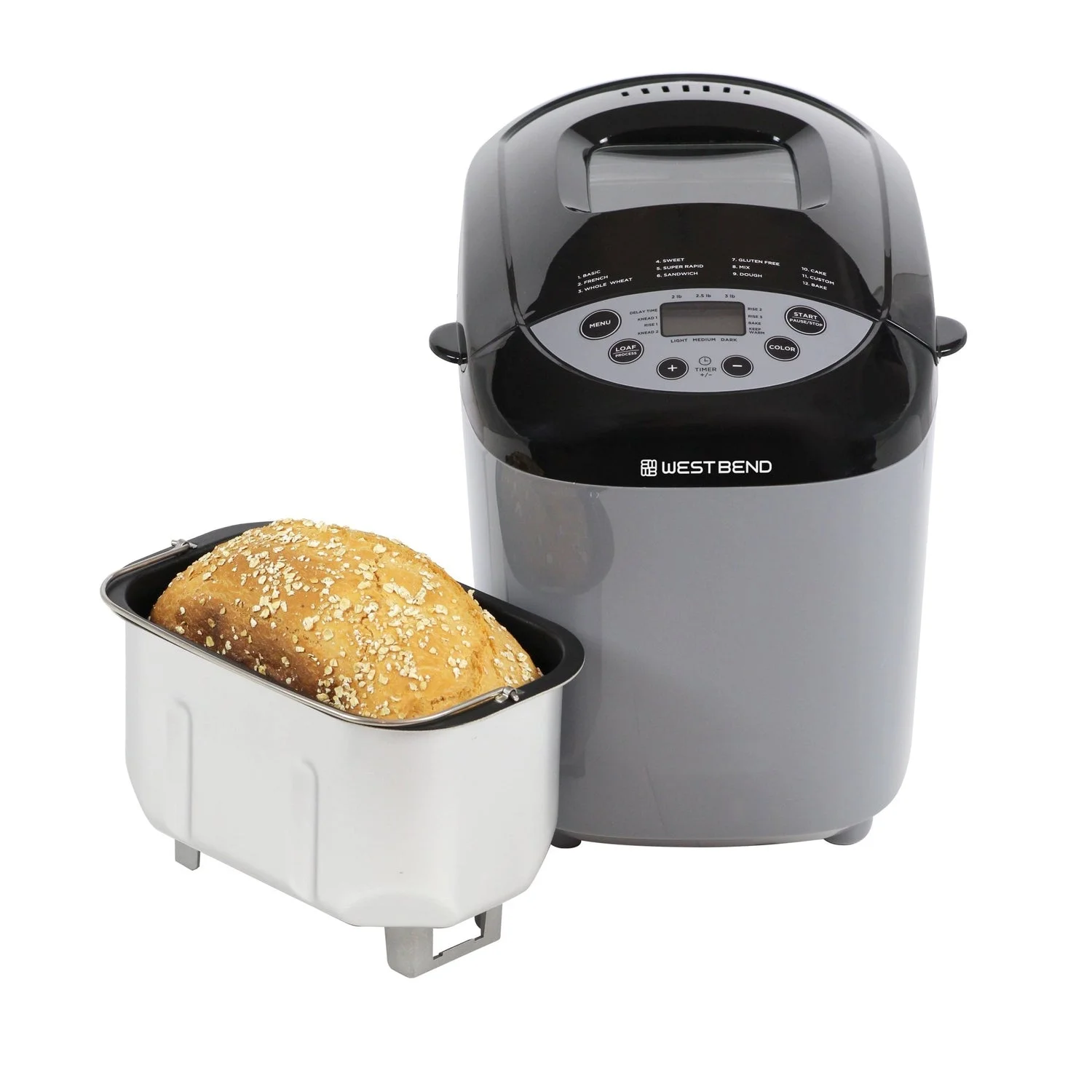 Gray West Bend 47413 Hi-Rise bread machine with top viewing window