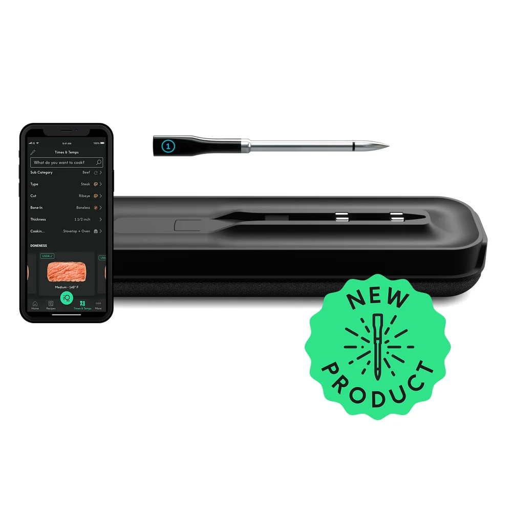 Original CHEF iQ Smart Thermometer probe, charging hub, and app