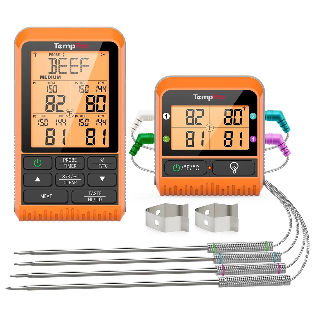 ThermoPro TP829 receiver, transmitter, and four color-coded probes