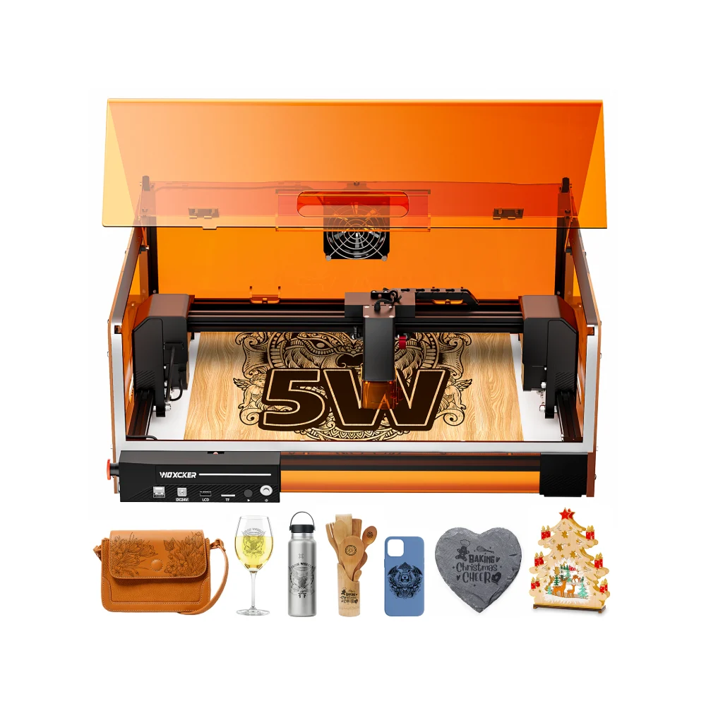 Woxcker L2 MAX enclosed engraver with orange viewing cover and example projects
