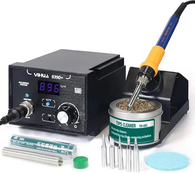 Black YIHUA 939D+ station, 907F soldering iron, separate rest and manufacturer-shown accessories