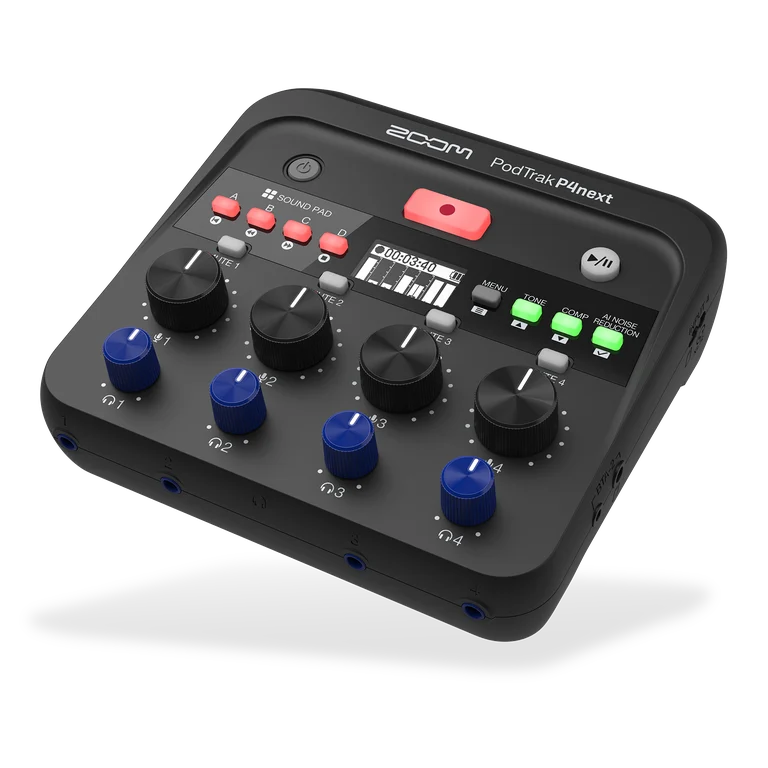 Zoom PodTrak P4next with four microphone gain controls and four sound pads